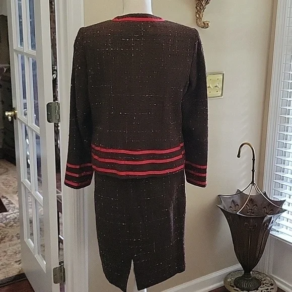 Tara Ryan brown black red textured skirt set red grosgrain ribbon trim 10 EUC - Picture 4 of 9